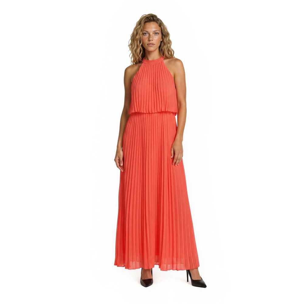 NEW Skies Are Blue Maxi Dress Womens Size‎ Small Coral Pleated Halter Popover